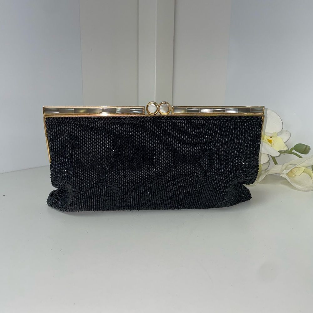 Walborg Black Beaded Clutch with Gold Accents